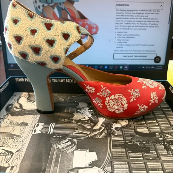 John Fluevog Red and Cream Embroidered Heels - Picture 1 of 11